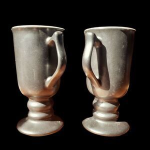VTG Hall 1273 Black Footed Pedestal Goblet Stoneware Mug Set 6" Tall - USA Made
